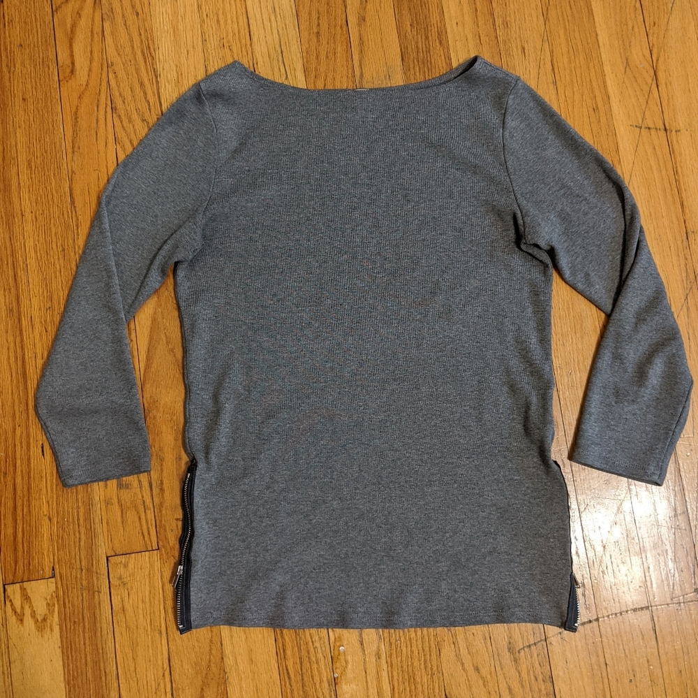 Grey boatneck stretch top with side zipper details